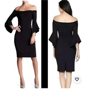 Bebe black Flare ruffle off shoulder dress Office Siren Witch core Whimsy Goth